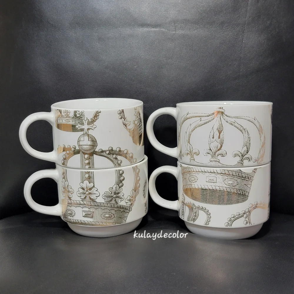 Pier 1 Imports Gold Crown Print Stacking Mugs Set w/ Gold Metal Rack Coffee Cups